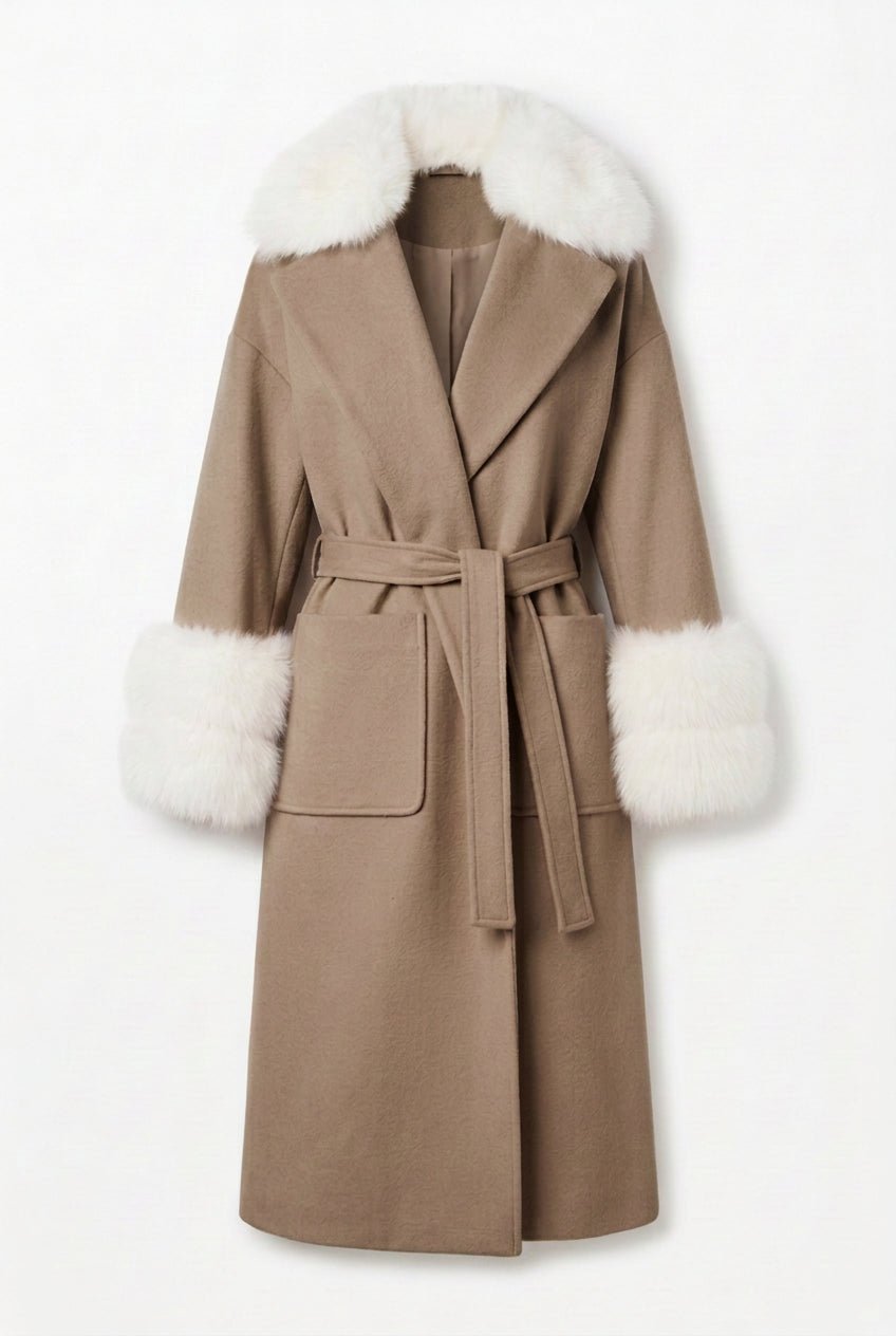 Cappotto lungo beige con polsi e collo in pelliccia di volpe - YES SHOPCappottiYES LONDONCD1240-IT 38/40