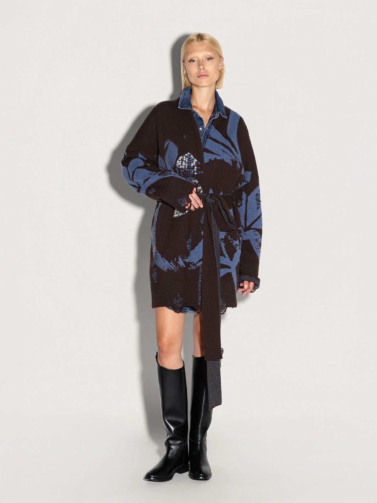Cardigan Dora marrone e blu con applicazioni e cintura - YES SHOPCamicieAKEPGBKD15017-6