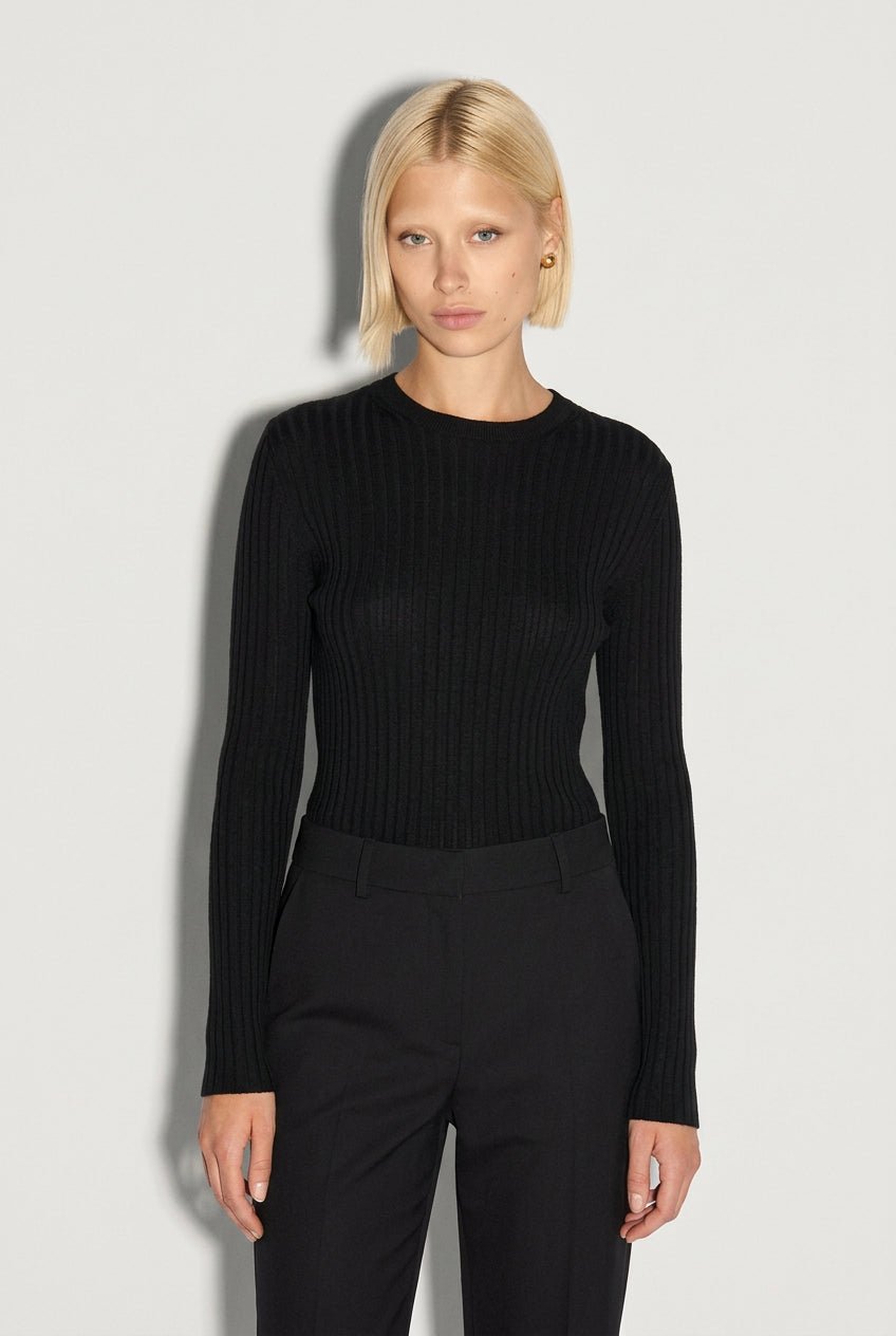 Pullover girocollo in lana a costine nero - YES SHOPMaglieAKEPMGKD15140-6
