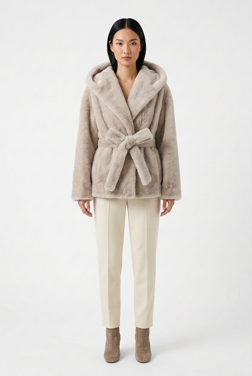 Giacca ecopelliccia panna con cappuccio e cintura - YES SHOPEcopellicceYES LONDONECO/030-IT 38/40