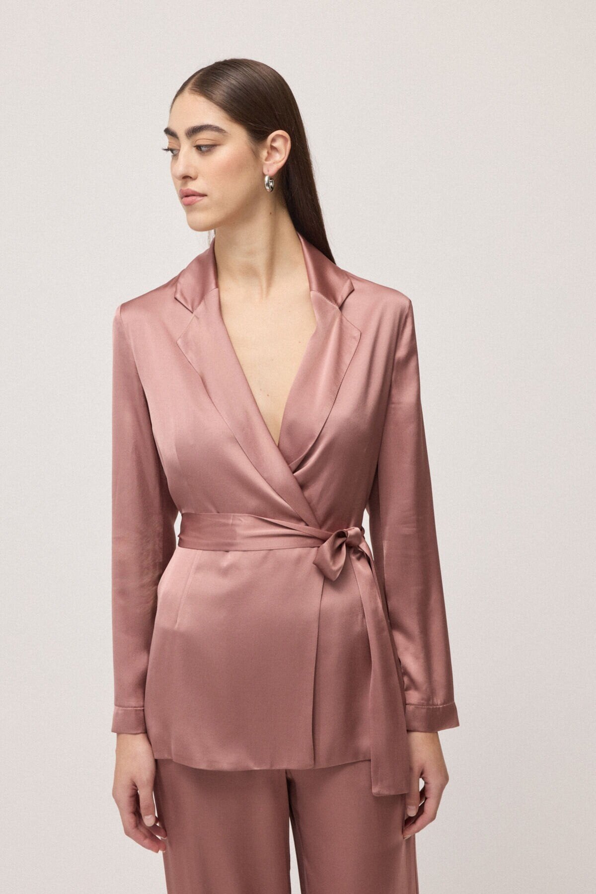 Giacca doppiopetto con cintura in raso di viscosa rosa antico - YES SHOPGiaccheOTTOD'AMEDG6206-IT 347808072950871
