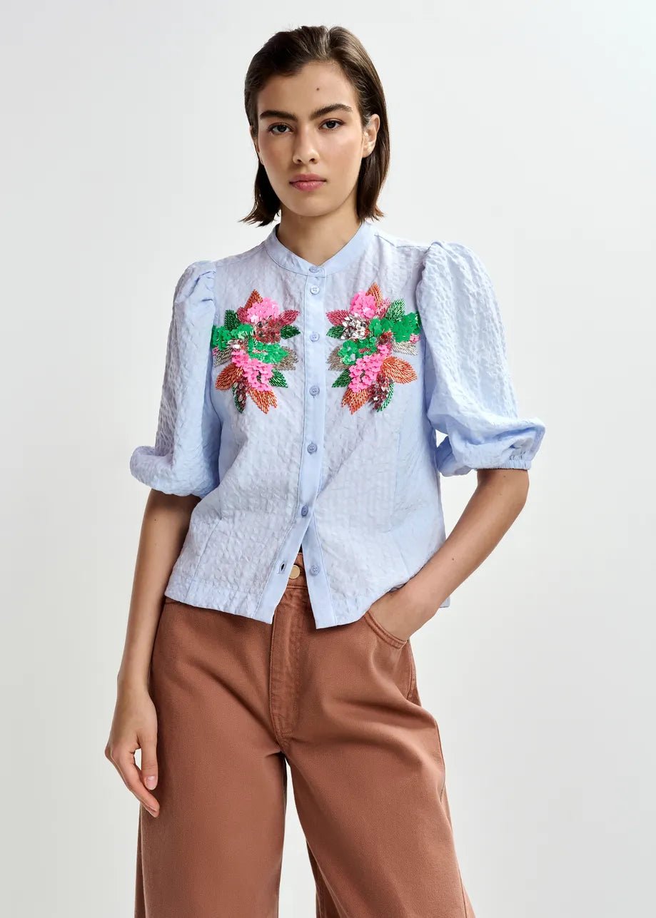 Camicia Jaiden azzurra manica a sbuffo con paillettes motivo fiorato - YES SHOPCamicieESSENTIELJAIDEN-IT 349793157313771