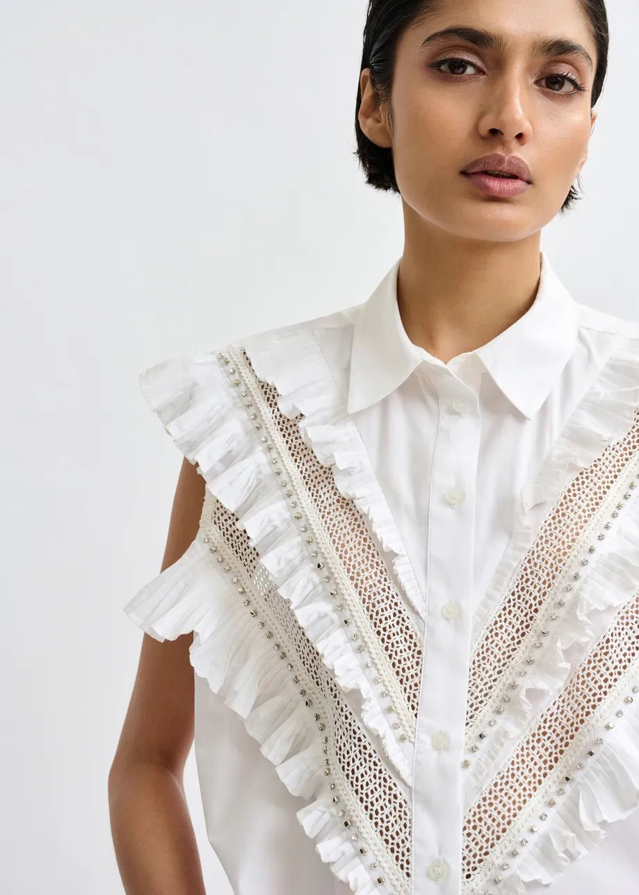 Camicia Jeandarlene bianca giromanica con volant - YES SHOPCamicieESSENTIELJEANDARLENE-XXS