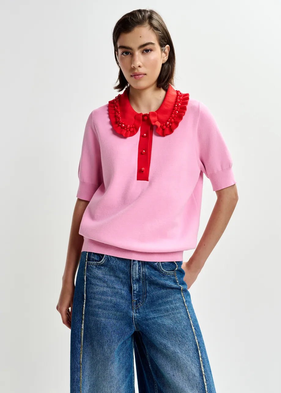 Polo Jewelry rosa con colletto rosso e applicazioni - YES SHOPPoloESSENTIELJEWELRY-XXS5560148182771