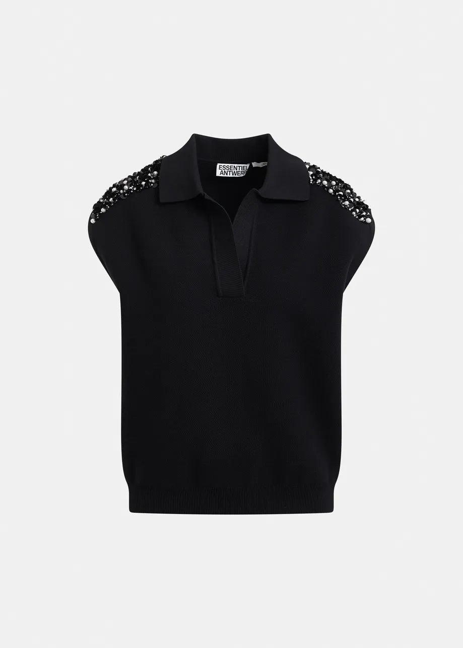 Polo Joline nera in filo con applicazioni sulle spalle - YES SHOPPoloESSENTIELJOLINE-XXS