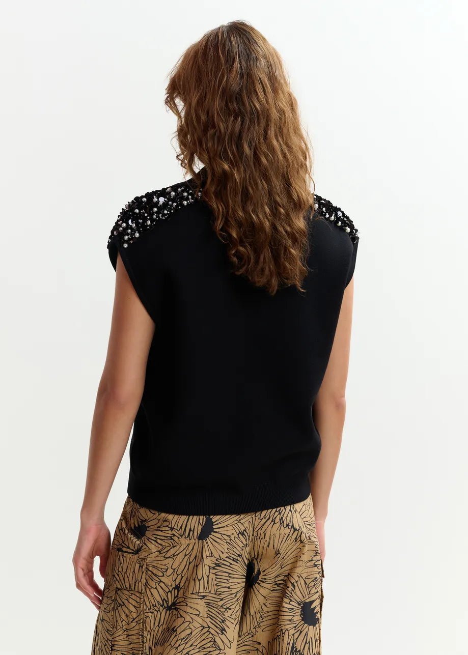 Polo Joline nera in filo con applicazioni sulle spalle - YES SHOPPoloESSENTIELJOLINE-XXS