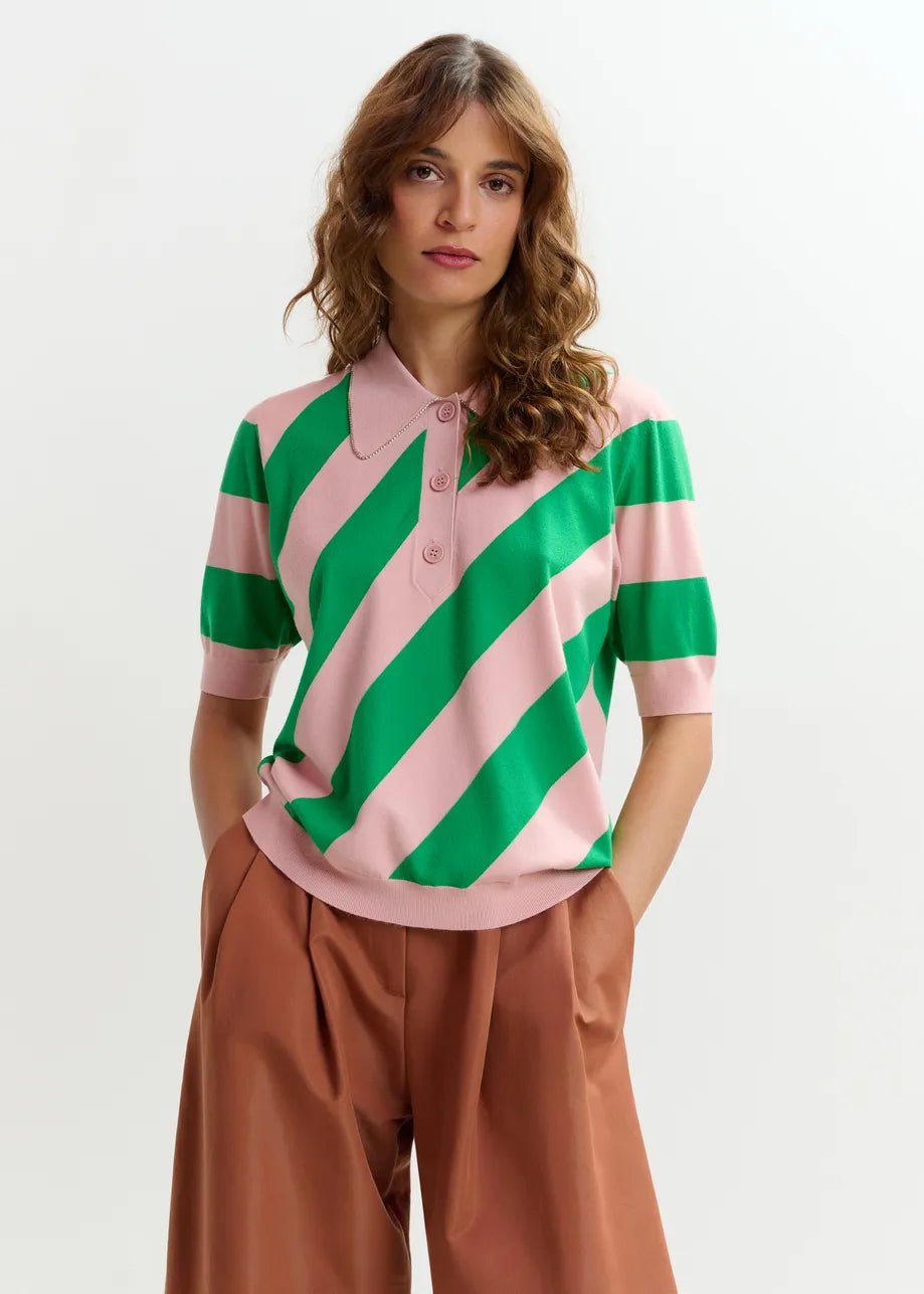 Polo Joram rosa a righe trasversali verdi con colletto rifinito strass - YES SHOPPoloESSENTIELJORAM-XXS1260148182771