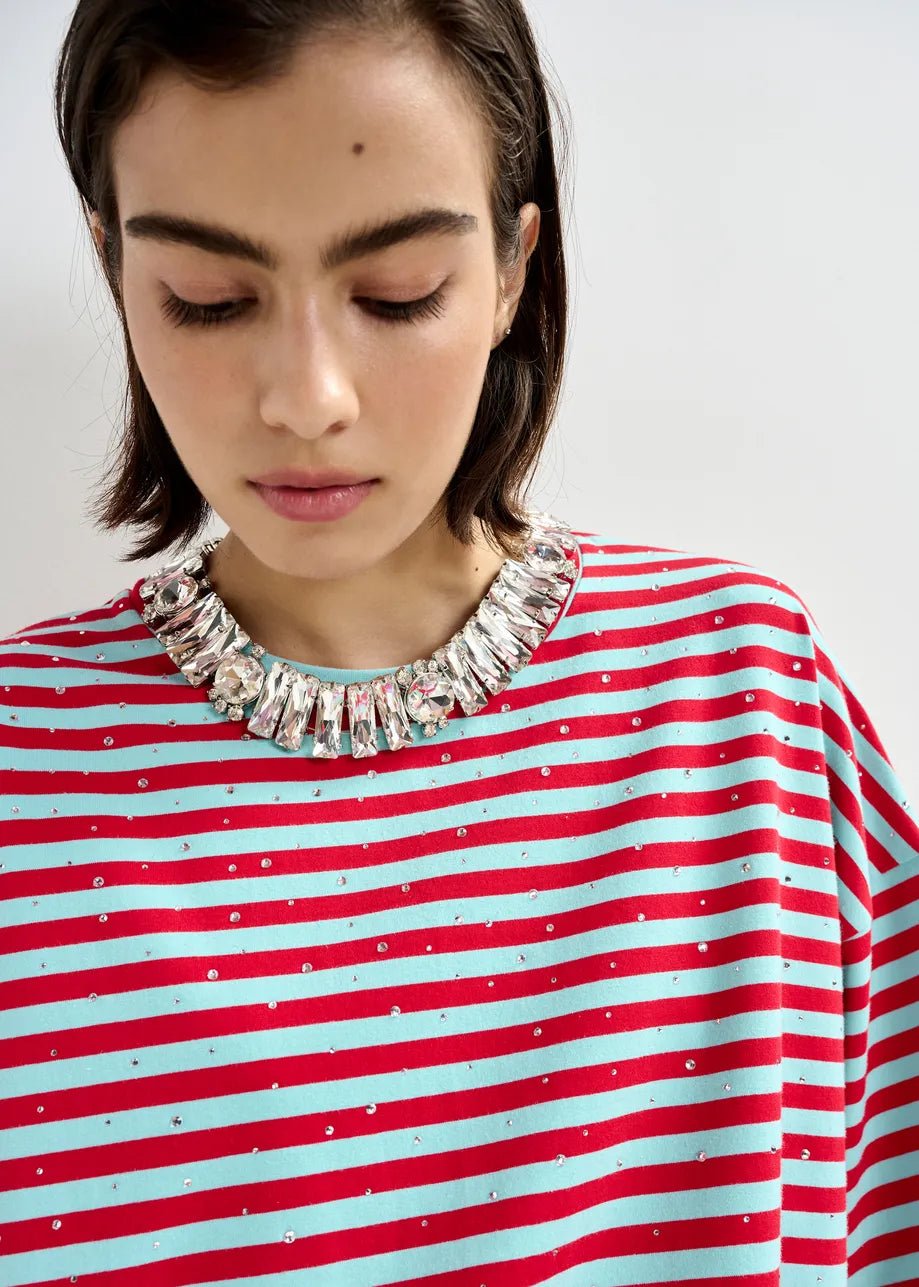 T-shirt Joste ovesize a righe rosse e celesti con applicazioni - YES SHOPT-shirtESSENTIELJOSTE-XXS3060811323771