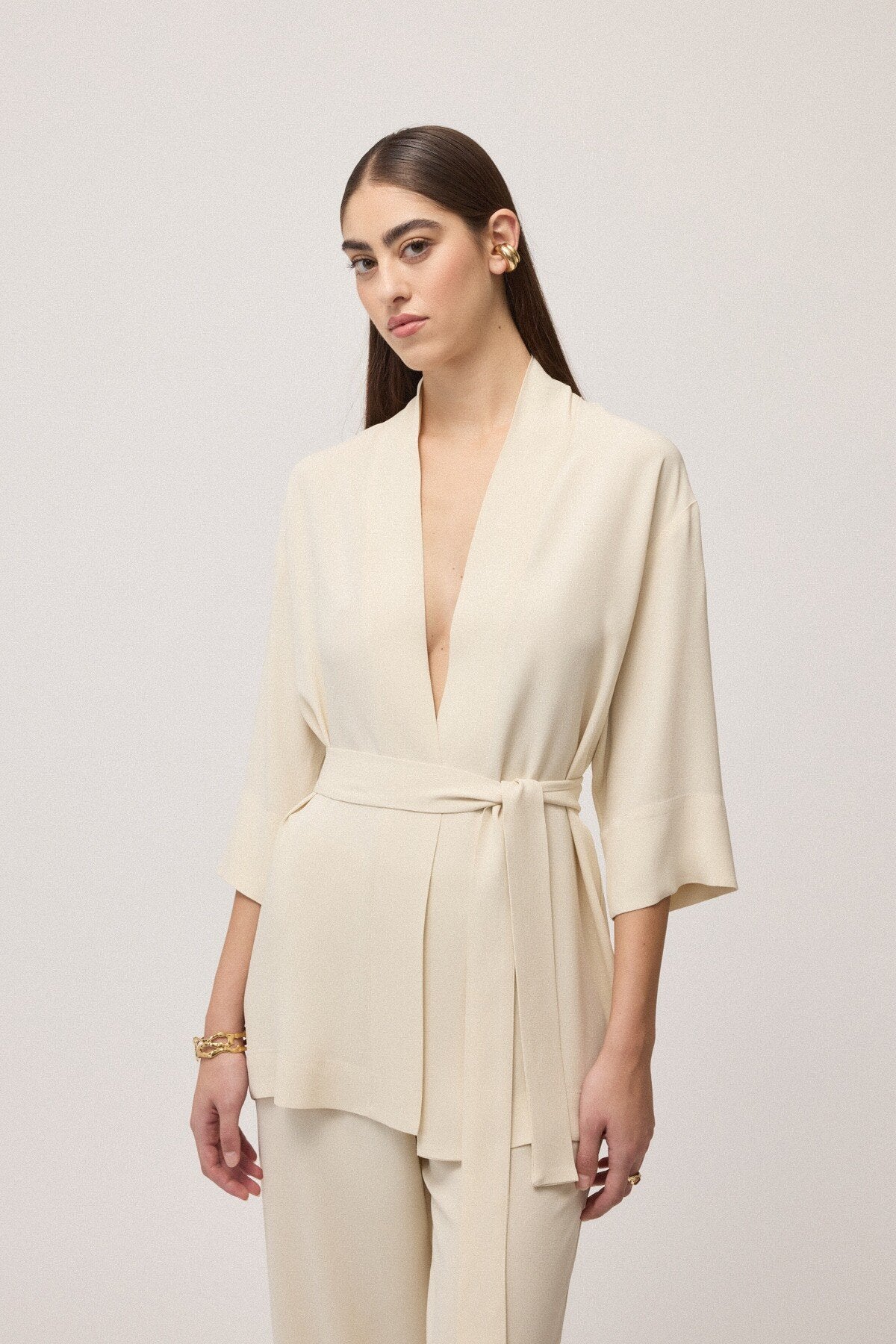 Spolverino in chiffon latte con manica tre quarti e cintura - YES SHOPGiaccheOTTOD'AMETG6205-IT 343620711323771