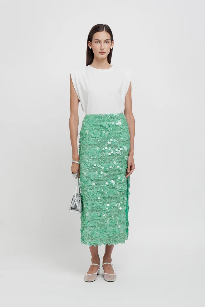 Gonna longuette verde acqua in paillettes con spacco laterale - YES SHOPGonneWEILI ZHENGS26PG13-XXS6287248182771