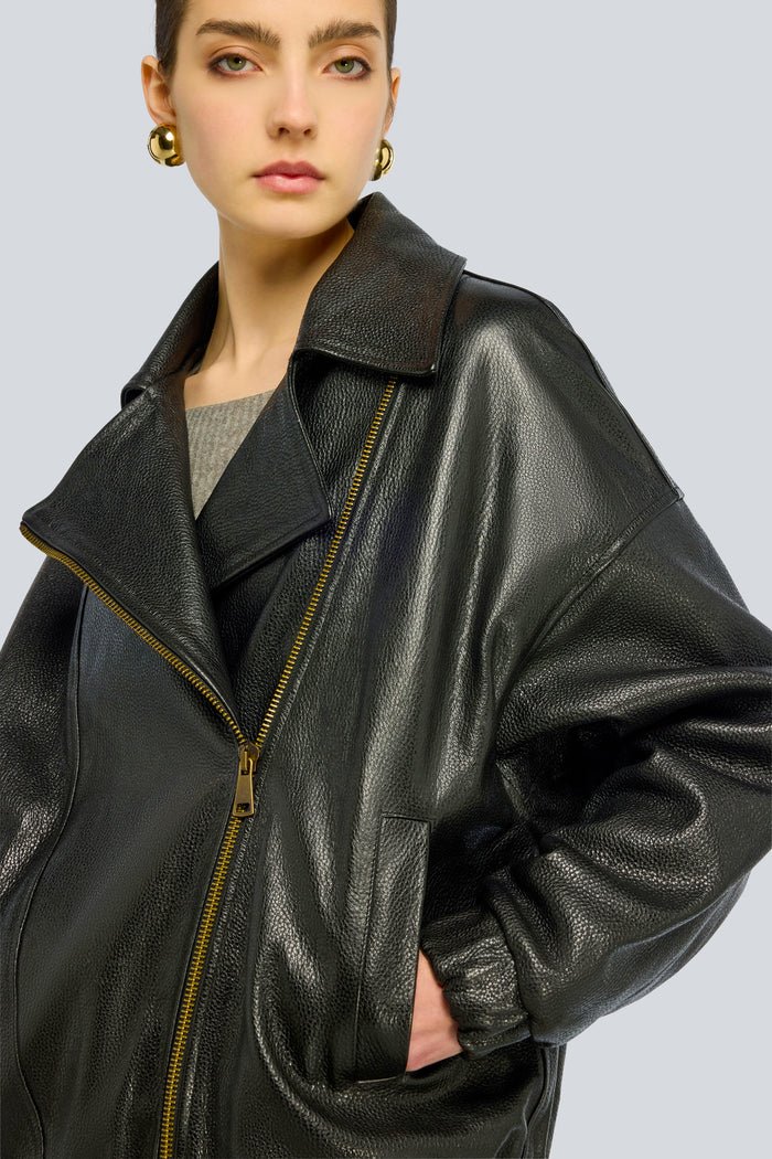 Giacca Chiodo Elle oversize in pelle nera con cinturino al fondo - YES SHOPGiubbottiSEMICOUTUREY6WT15-IT 349382596669871