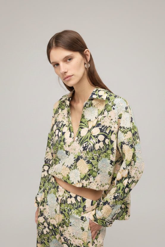 Camicia in cotone con coulisse e stampa floreale verde - YES SHOPCamicieOTTOD'AMEDC5270-IT 347465549676771