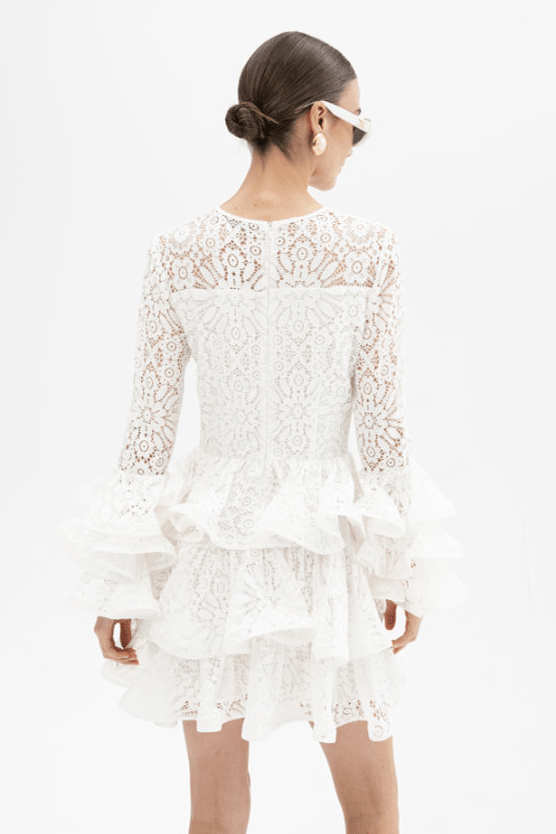 Abito corto in merletto bianco a balze con cintura in vita - YES SHOPAbitiACTUALEEAB004080-IT 341889585344771