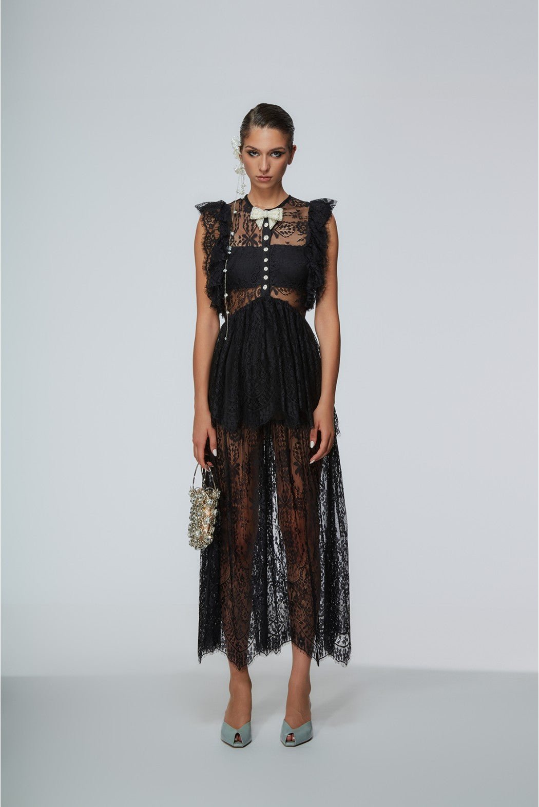 Abito lungo in pizzo nero con papillon di perle - YES SHOPAbitiODI' ODI'ARDEA-XXS3665549676771
