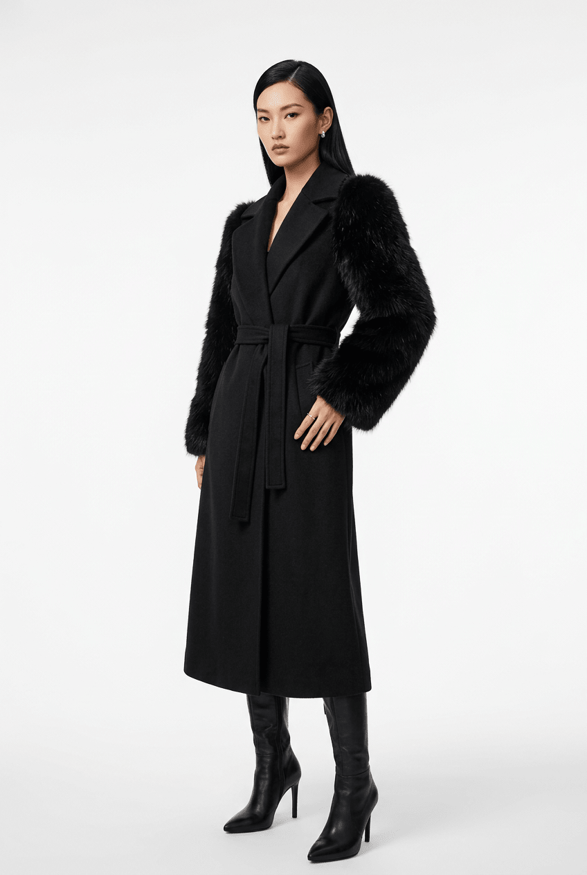 Cappotto lungo nero con maniche in ecopelliccia - YES SHOPCappottiYES LONDONVENISSIEUX-IT 38/40