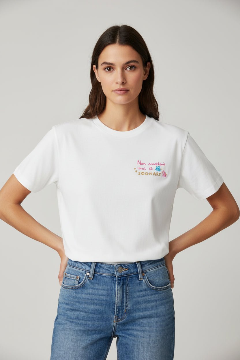 T-shirt Emilie bianca "Non Smetterò Mai Di Spendere" - YES SHOPT-shirtMC2 SAINT BARTHEMI0001/04045L-XXS1468349676771