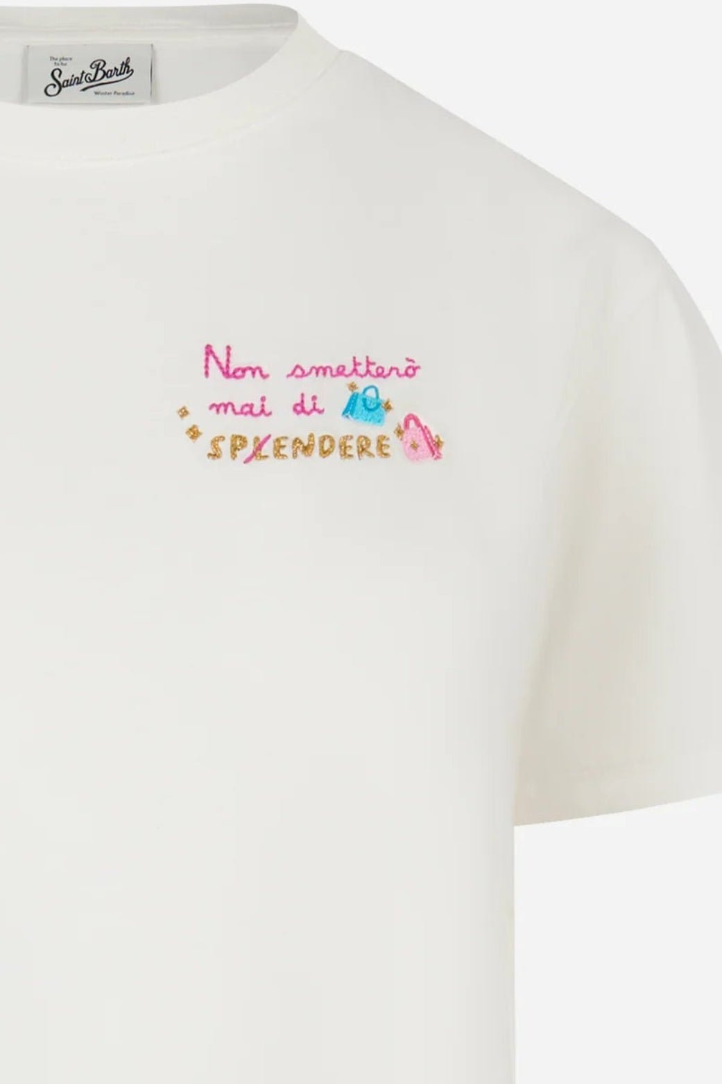 T-shirt Emilie bianca "Non Smetterò Mai Di Spendere" - YES SHOPT-shirtMC2 SAINT BARTHEMI0001/04045L-XXS1468349676771
