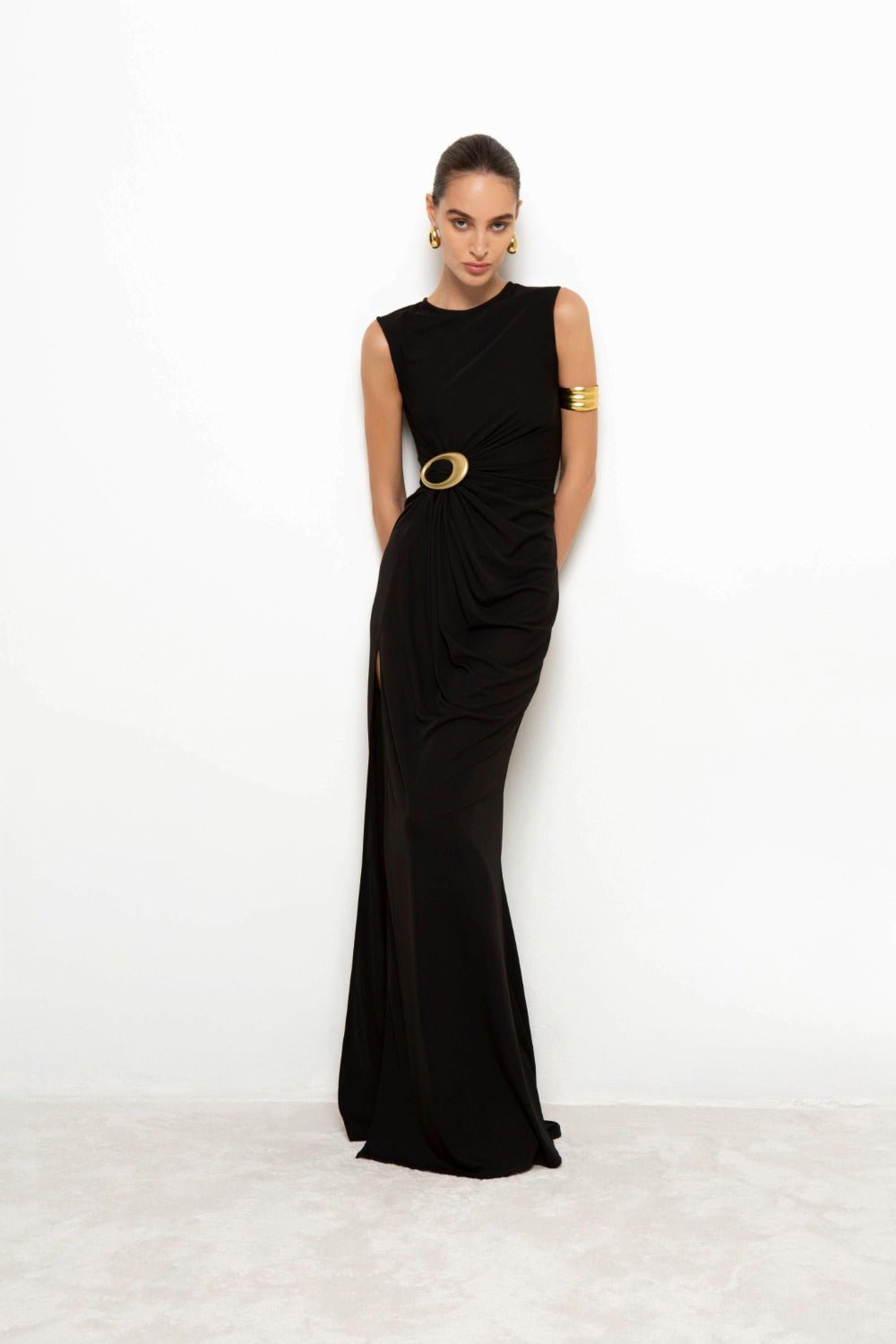 Abito Victoria lungo in lycra nero giromanica con anello e drappeggio laterale - YES SHOPAbitiALBERTO AUDENINOVICTORIA-XXS