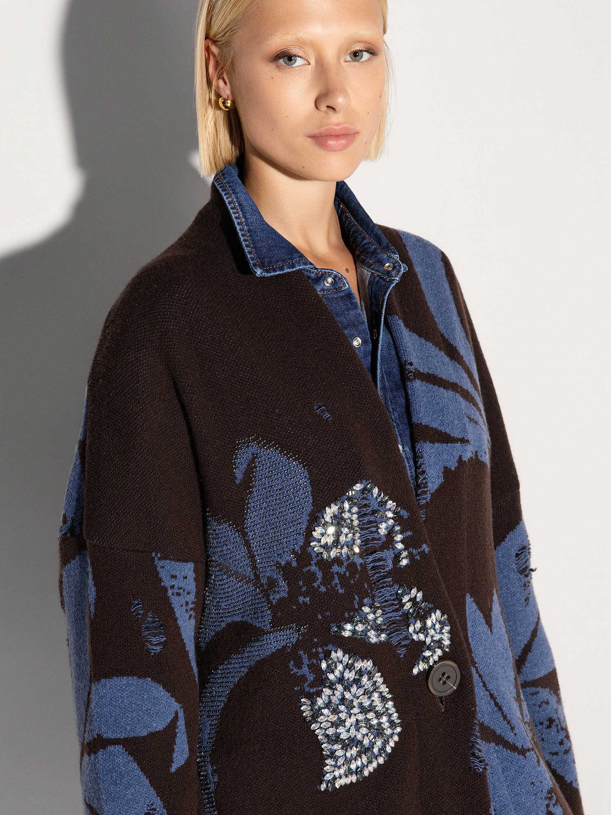 Cardigan Dora marrone e blu con applicazioni e cintura - YES SHOPCamicieAKEPGBKD15017-6