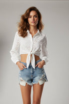 Camicia Febby crop in sangallo bianca con allaccio nodo - YES SHOPCamicieMC2 SAINT BARTHFEY0001-08905L-XXS9838072950871