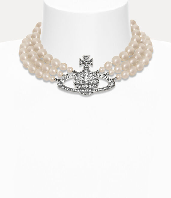 Collana three row pearl bas relief choker