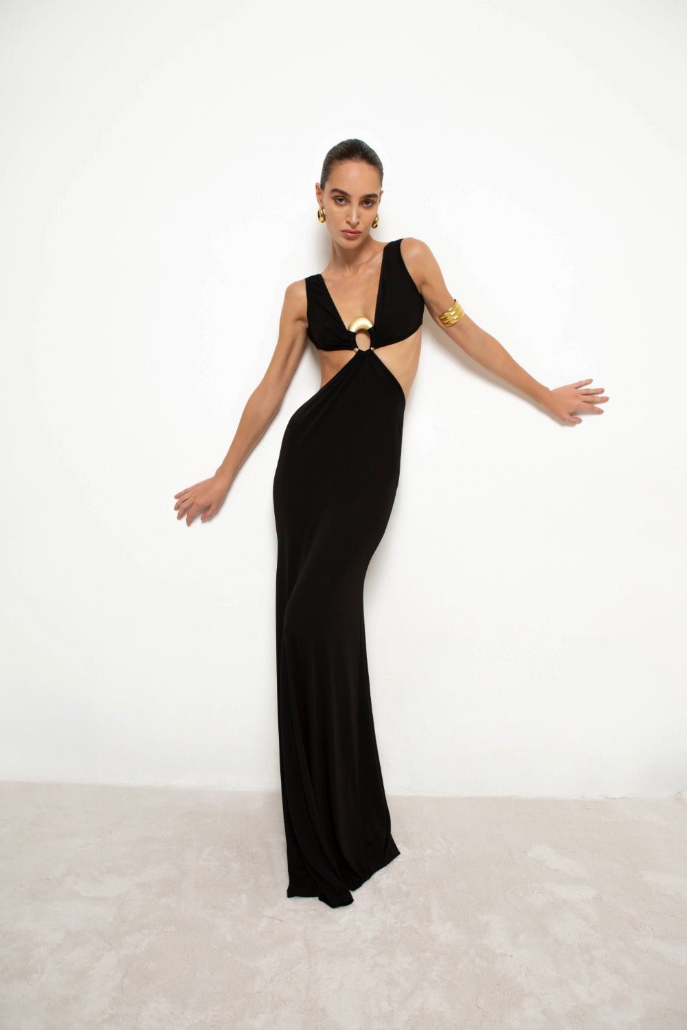 Abito Navi lungo in lycra nero con top a rombo cut out sui fianchi legati con anello - YES SHOPAbitiALBERTO AUDENINONAVI-XXS