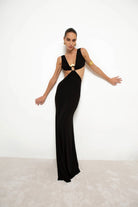 Abito Navi lungo in lycra nero con top a rombo cut out sui fianchi legati con anello - YES SHOPAbitiALBERTO AUDENINONAVI-XXS