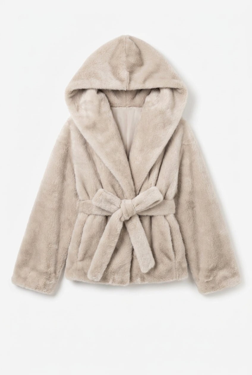 Giacca ecopelliccia panna con cappuccio e cintura - YES SHOPEcopellicceYES LONDONECO/030-IT 38/40