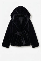 Giacca ecopelliccia nera con cappuccio e cintura - YES SHOPEcopellicceYES LONDONECO/030-IT 38/40
