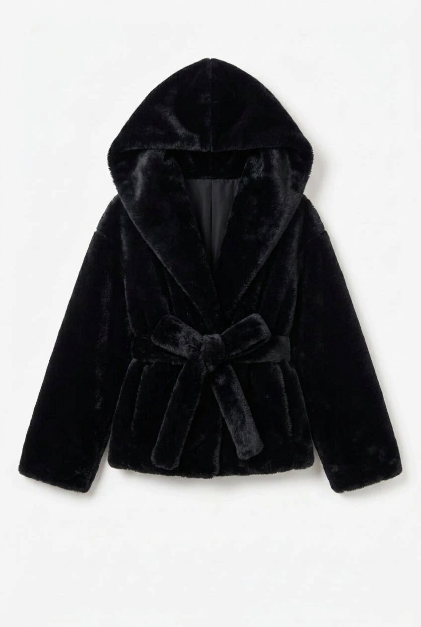 Giacca ecopelliccia nera con cappuccio e cintura - YES SHOPEcopellicceYES LONDONECO/030-IT 38/40