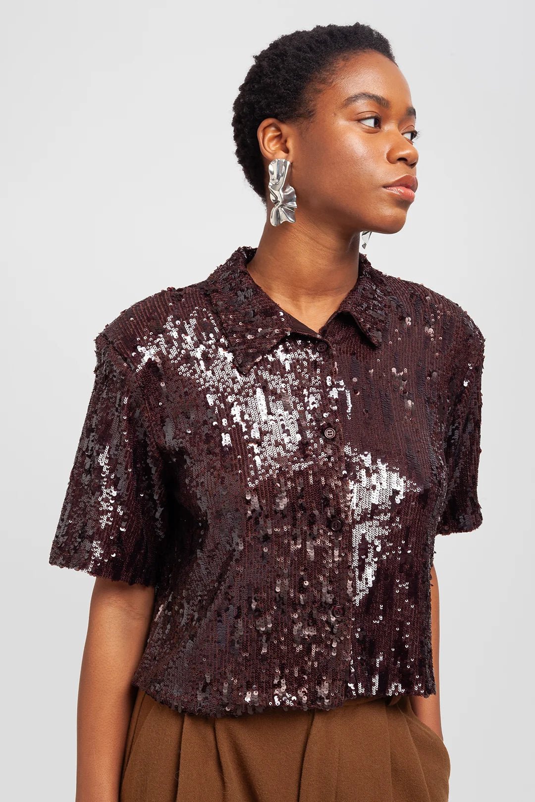 Camicia boxy in paillettes marrone - YES SHOPCamicieWEILI ZHENGF26CT08-6