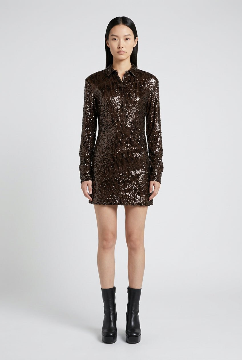 Mini abito camicia in paillettes marrone - YES SHOPAbitiWEILI ZHENGF26DC03-6