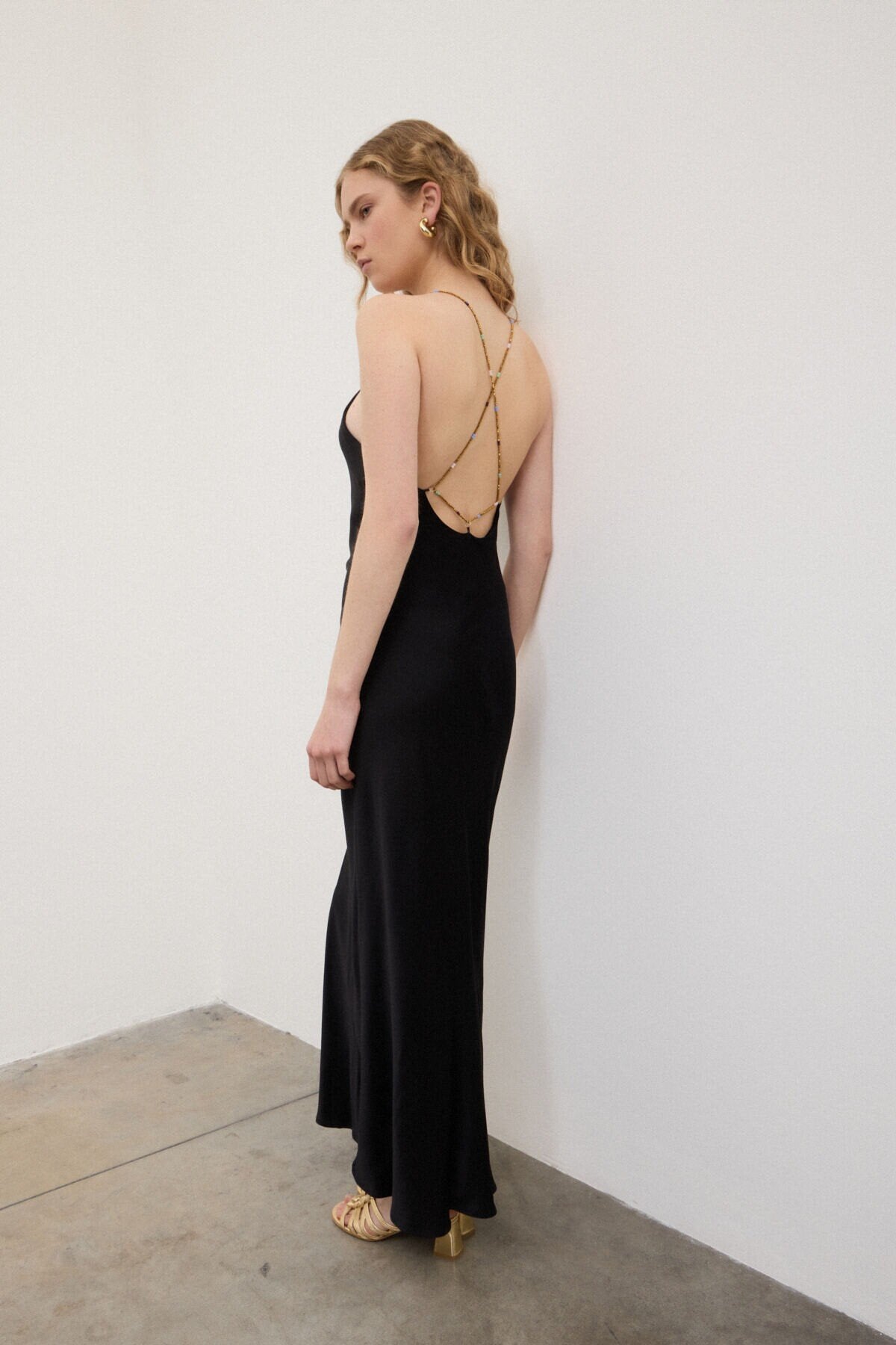 Abito lungo in raso nero con bretelle di perline - YES SHOPAbitiOTTOD'AMEDA5357-IT 348099611323771