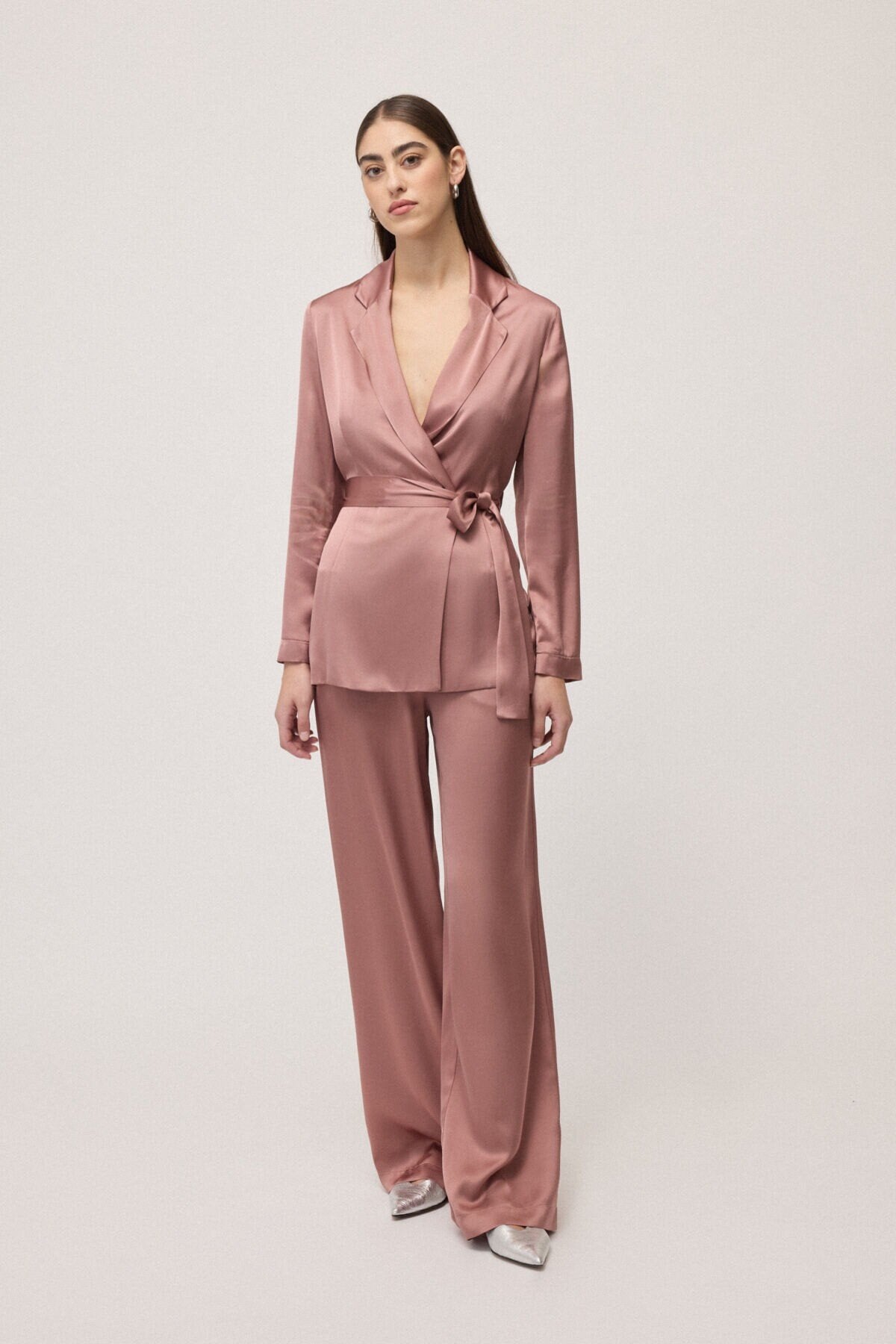 Giacca doppiopetto con cintura in raso di viscosa rosa antico - YES SHOPGiaccheOTTOD'AMEDG6206-IT 347808072950871