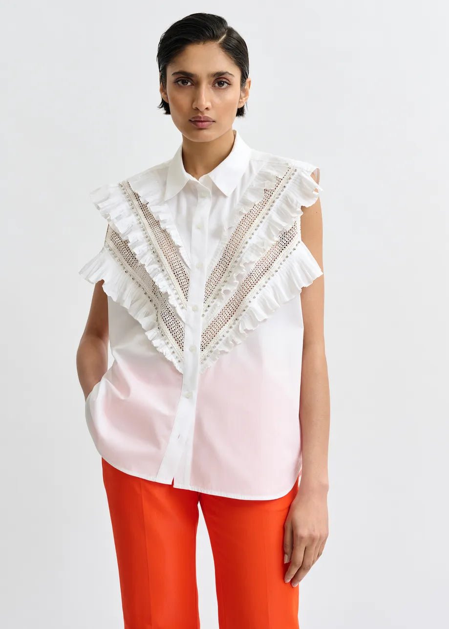 Camicia Jeandarlene bianca giromanica con volant - YES SHOPCamicieESSENTIELJEANDARLENE-XXS