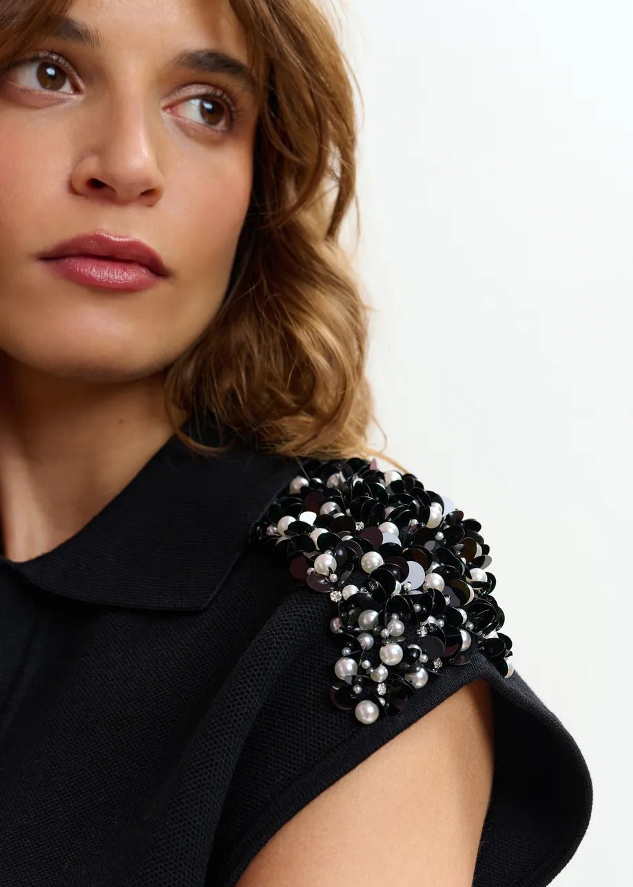 Polo Joline nera in filo con applicazioni sulle spalle - YES SHOPPoloESSENTIELJOLINE-XXS