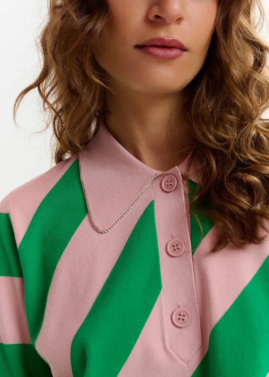 Polo Joram rosa a righe trasversali verdi con colletto rifinito strass - YES SHOPPoloESSENTIELJORAM-XXS1260148182771