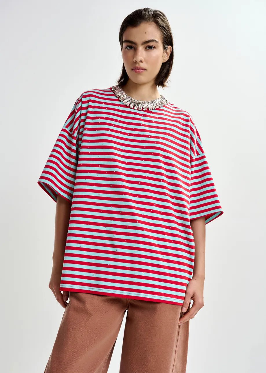 T-shirt Joste ovesize a righe rosse e celesti con applicazioni - YES SHOPT-shirtESSENTIELJOSTE-XXS3060811323771