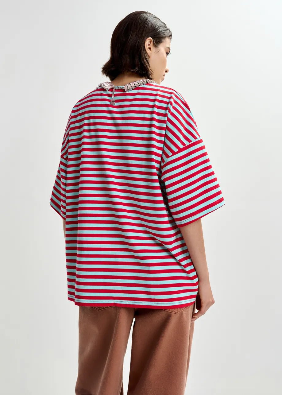 T-shirt Joste ovesize a righe rosse e celesti con applicazioni - YES SHOPT-shirtESSENTIELJOSTE-XXS3060811323771