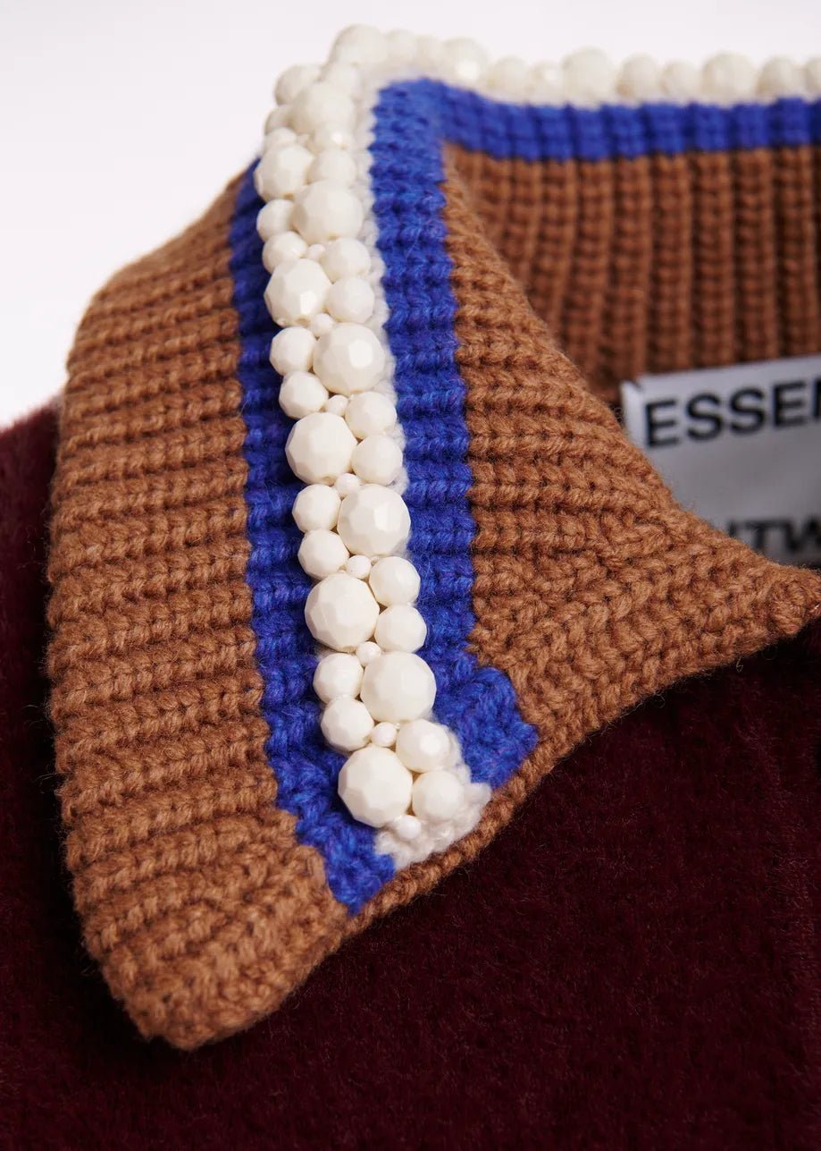 Cardigan Kamore in maglia bordeaux con perline e dettagli cognac - YES SHOPCardiganESSENTIELKAMORE-01447892258871