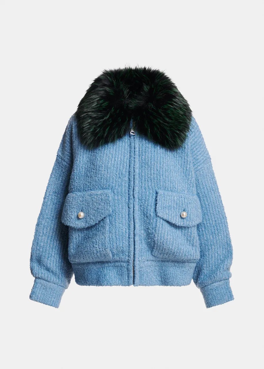 Bomber Kanada in bouclé azzurro con collo rimovibile in pelliccia sintetica verde - YES SHOPGiaccheESSENTIELKANADA-05427892258871