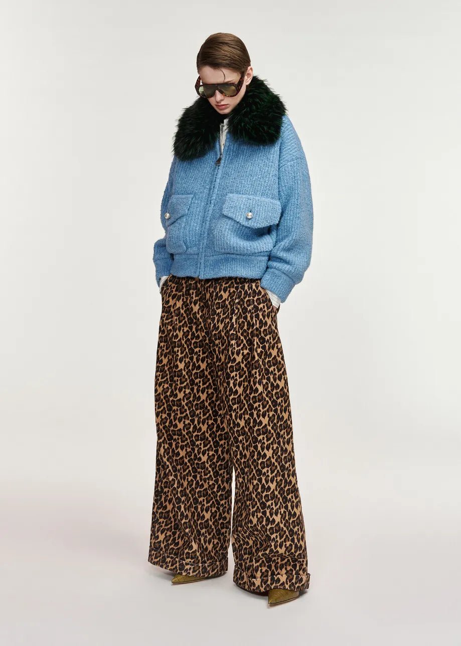 Bomber Kanada in bouclé azzurro con collo rimovibile in pelliccia sintetica verde - YES SHOPGiaccheESSENTIELKANADA-05427892258871
