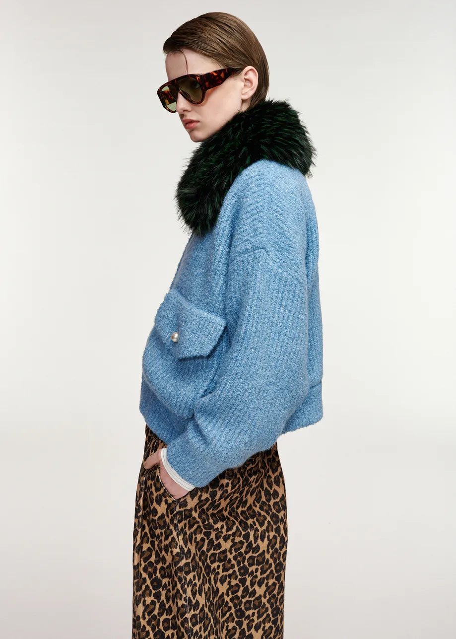Bomber Kanada in bouclé azzurro con collo rimovibile in pelliccia sintetica verde - YES SHOPGiaccheESSENTIELKANADA-05427892258871