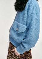 Bomber Kanada in bouclé azzurro con collo rimovibile in pelliccia sintetica verde - YES SHOPGiaccheESSENTIELKANADA-05427892258871