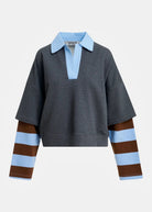 Felpa Kantelou grigia con colletto polo azzurro e maniche a righe - YES SHOPFelpeESSENTIELKANTELOU-09412792258871