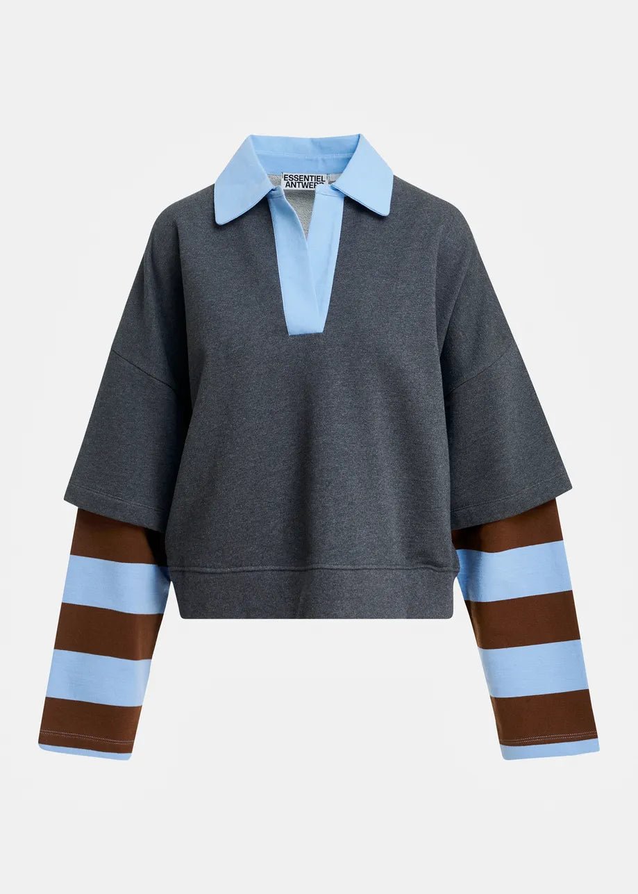 Felpa Kantelou grigia con colletto polo azzurro e maniche a righe - YES SHOPFelpeESSENTIELKANTELOU-09412792258871