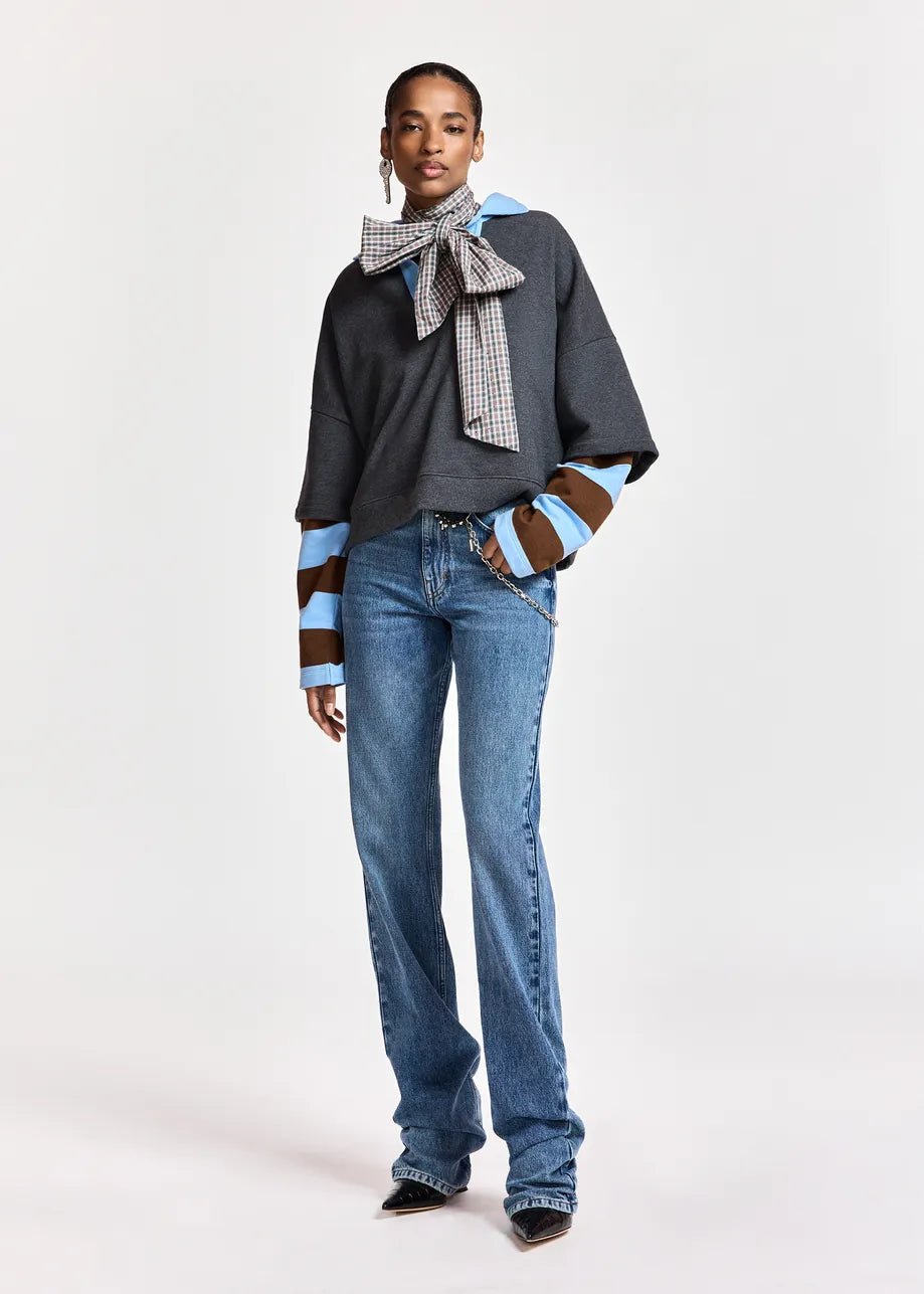 Felpa Kantelou grigia con colletto polo azzurro e maniche a righe - YES SHOPFelpeESSENTIELKANTELOU-09412792258871