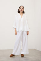 Pantalone ampio bianco in lino con cordoncino laminato in vita - YES SHOPPantaloniOTTOD'AMEDP0012-IT 341340811323771