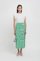 Gonna longuette verde acqua in paillettes con spacco laterale - YES SHOPGonneWEILI ZHENGS26PG13-XXS6287248182771