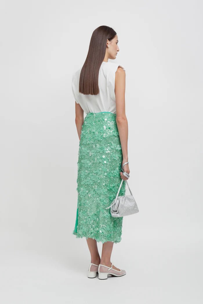 Gonna longuette verde acqua in paillettes con spacco laterale - YES SHOPGonneWEILI ZHENGS26PG13-XXS6287248182771